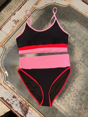 Cupshe Black Pink Red Colorblock High-Waist Bikini